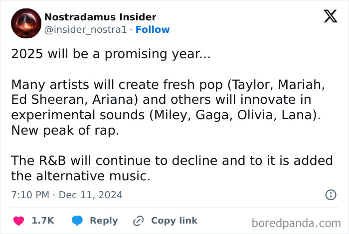 Tweet predicting 2025 music trends, highlighting fresh pop and experimental sounds, and a decline in R&B.