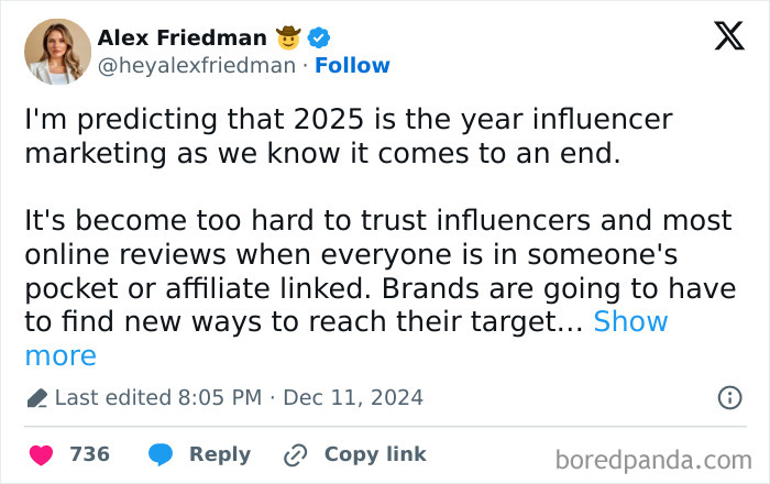 Tweet predicting the end of influencer marketing in 2025 due to trust issues with online reviews.