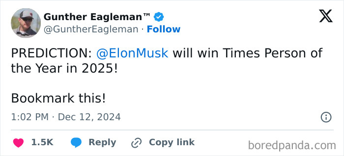 Tweet predicts Elon Musk as 2025 Times Person of the Year, gaining attention with likes and bookmarks.