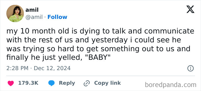 A parent's funny tweet about their 10-month-old finally saying "BABY."