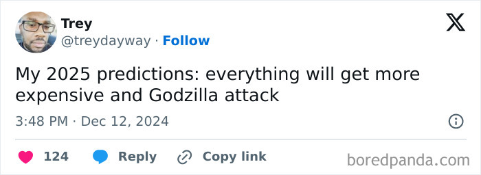 Tweet predicting 2025 with humor about rising costs and a Godzilla attack.