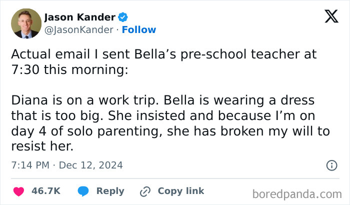 Tweet about a parent's humorous struggle with solo parenting while their spouse is on a work trip.