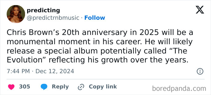 Tweet predicting Chris Brown's 20th anniversary in 2025 with a special album release, "The Evolution."