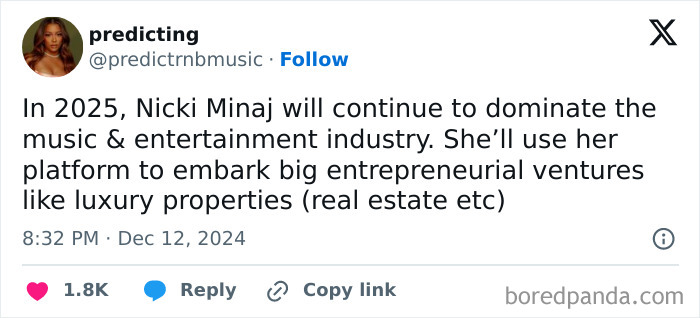 Tweet predicts 2025 music and entertainment trends, highlighting entrepreneurial ventures in real estate.