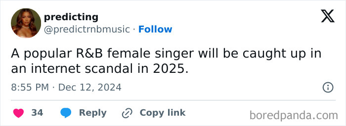 Tweet predicts a 2025 scandal involving a popular R&B female singer.