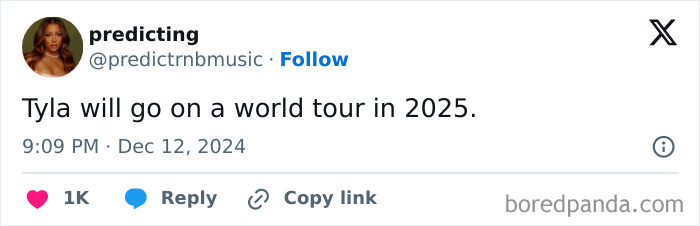 Tweet predicting Tyla's 2025 world tour plan.