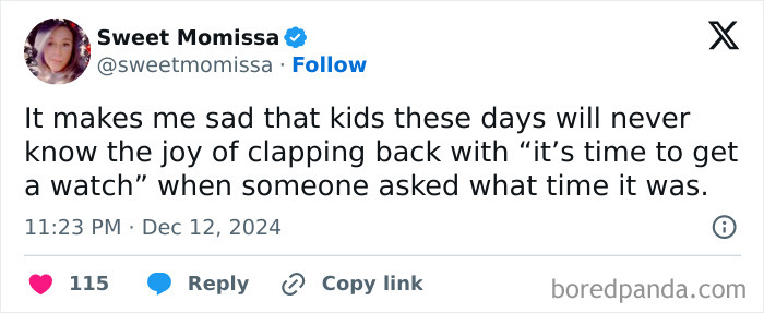 Tweet from a parent joking about kids missing out on witty comebacks about watches.