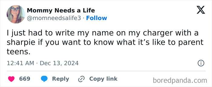 Hilarious tweet from a parent about writing their name on a charger to manage parenting teens.