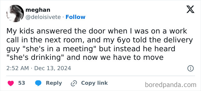 Tweet from a parent humorously recounting a miscommunication between their child and a delivery person.