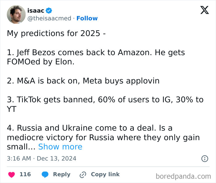 Tweet by Isaac with 2025 predictions including business mergers, TikTok ban, and geopolitical deals.