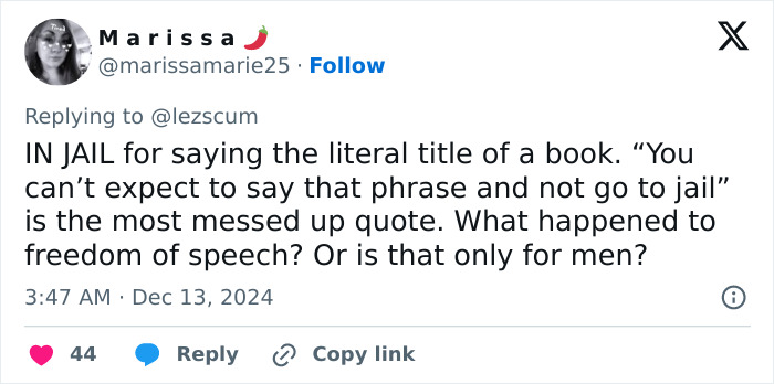 Tweet by a woman questioning freedom of speech after being jailed for quoting a book title.