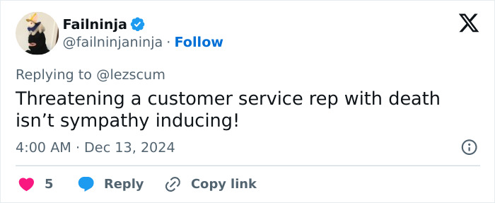 Tweet discussing behavior towards customer service.