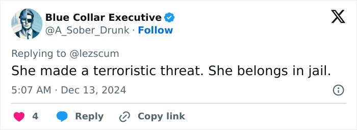 Tweet criticizing Briana Boston's arrest, mentioning terroristic threat.