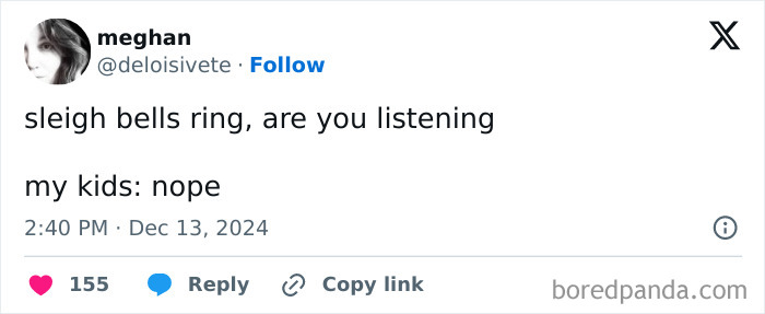 Tweet by a parent humorously mentioning kids not listening to sleigh bells.