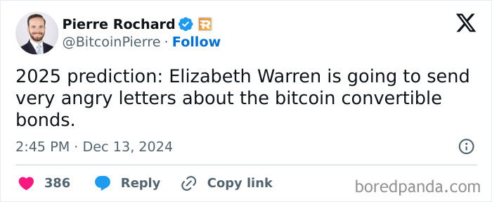 Tweet predicting Elizabeth Warren's reaction to bitcoin bonds in 2025, suggesting she'll write critical letters.