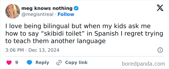 Tweet from a parent joking about teaching kids languages with a bilingual twist.