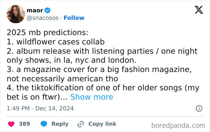 Twitter post listing 2025 predictions including a collab, album release events, magazine feature, and TikTok song trend.