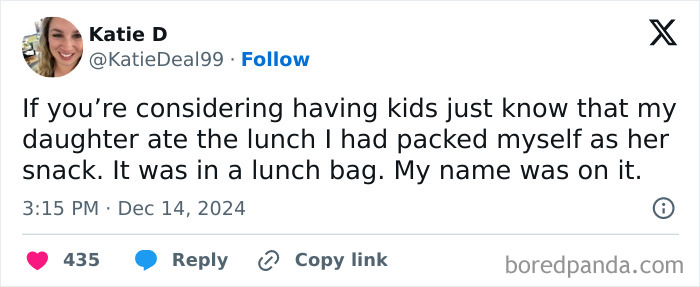 Tweet from a parent humorously sharing how their child ate the lunch packed for the parent.