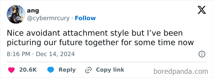 Tweet by a woman humorously discussing avoidant attachment style and future plans.