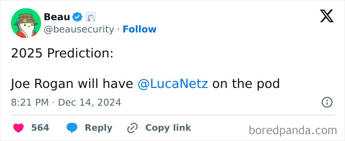 Tweet predicting 2025 appearance of @LucaNetz on Joe Rogan's podcast.