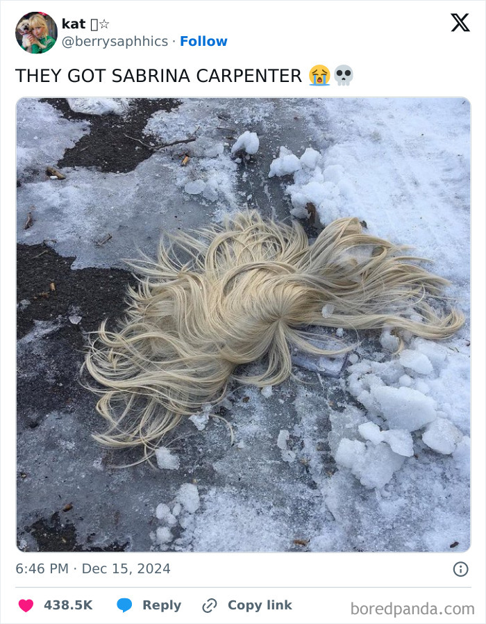 Blonde wig on snowy pavement resembling funny posts by women humor.