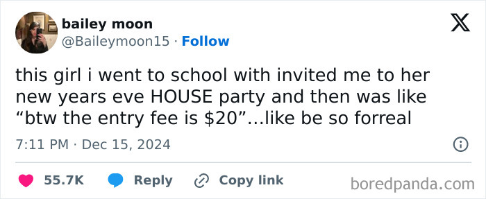 Funny post by a woman about being invited to a New Year's Eve party with a $20 entry fee.