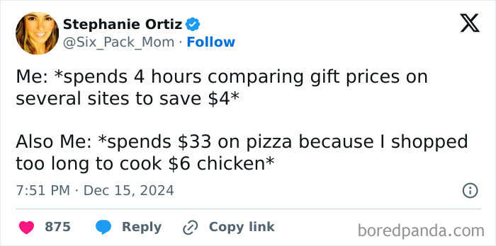 Tweet by a woman joking about spending habits, comparing time spent saving money on gifts to buying pizza.