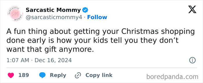 Tweet from Sarcastic Mommy about early Christmas shopping and kids' changing gift desires.