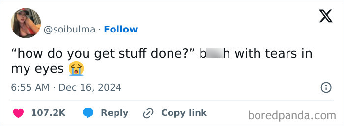 A humorous tweet by a woman expressing frustration with getting things done, accompanied by a crying emoji.