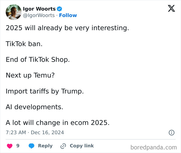 Tweet predicting 2025 changes, including a TikTok ban, AI developments, and economic shifts.