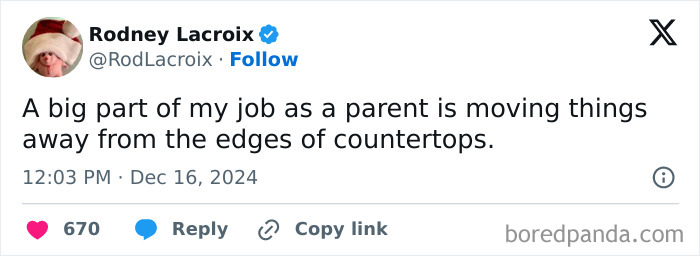 Tweet from a parent joking about moving items away from countertop edges.