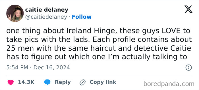 Funny post by woman on Hinge about Irish men's group photos and similar haircuts.