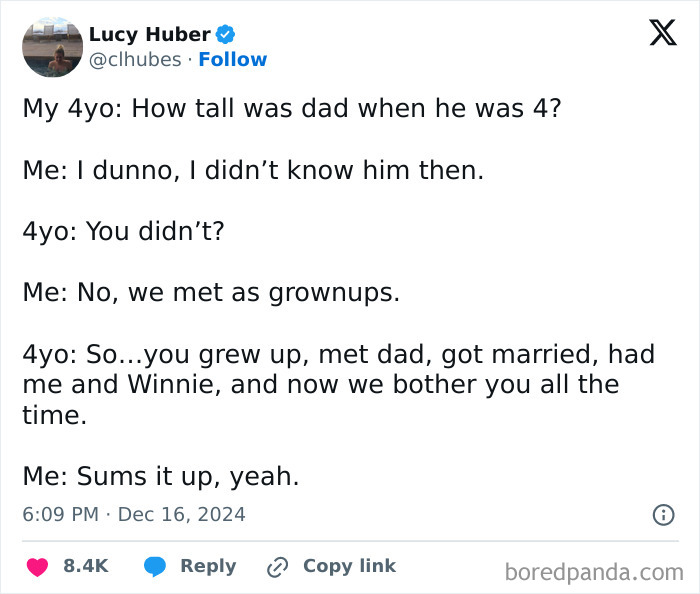 Tweet about a parent's humorous conversation with a 4-year-old child.