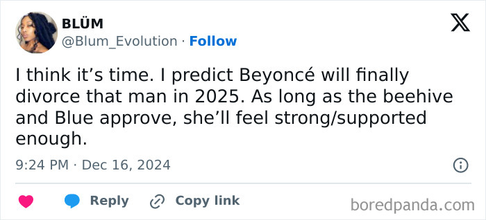 Tweet predicting a celebrity divorce in 2025, mentioning family approval.