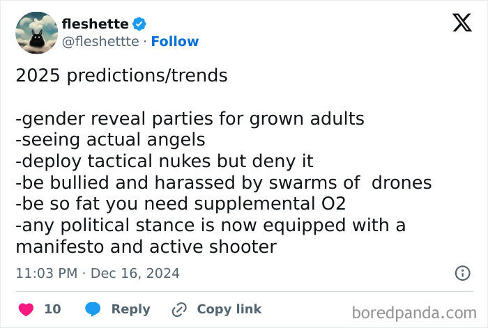 Tweet listing humorous 2025 predictions, including trends like gender reveal parties and drone harassment.