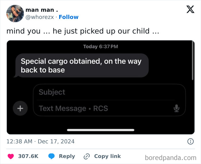 Text message saying "Special cargo obtained, on the way back to base," with humorous context from a parent tweet.