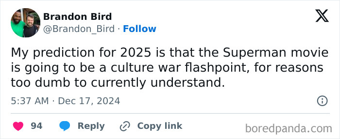 Tweet predicting 2025 Superman movie as a culture war flashpoint.