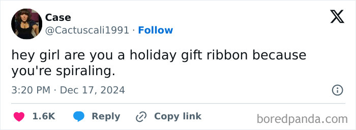 Funny post by woman joking about spiraling, using a holiday gift ribbon metaphor.