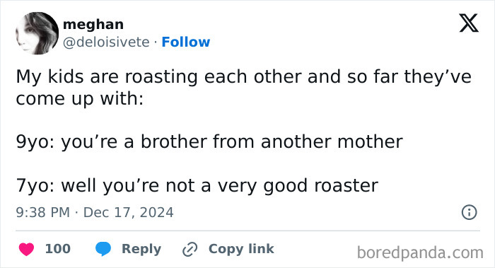 Tweet from a parent sharing a funny roast exchange between kids involving creative sibling jokes.