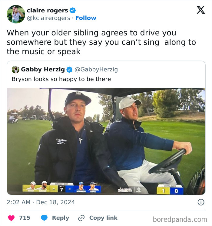 Two men in a golf cart with a humorous tweet overlay about siblings and car rides.