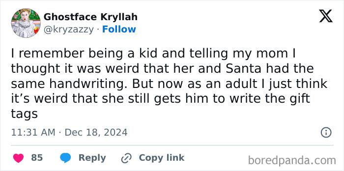 Screenshot of a funny tweet by a parent joking about Santa's handwriting.