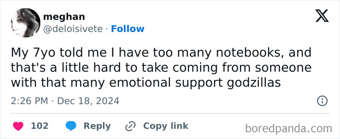 Funny tweet from a parent about their child's emotional support Godzillas collection.