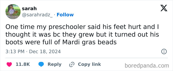 Parent tweets about preschooler with Mardi Gras beads in boots instead of growing pains.