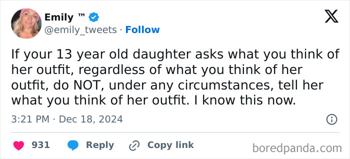 Tweet from a parent humorously sharing advice about responding to a daughter's question about her outfit.