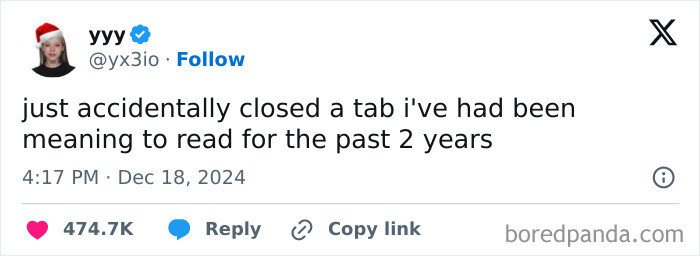 Funny post by a woman about accidentally closing a two-year-old unread tab.