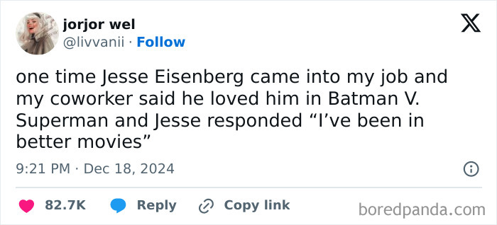 Humorous tweet by a woman about a funny encounter with Jesse Eisenberg at work.