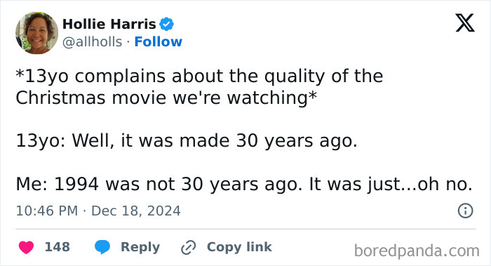 Tweet by a parent joking about a 13-year-old complaining that a 1994 Christmas movie is 30 years old.