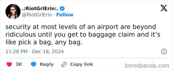 Funny post by a woman joking about airport security and baggage claim chaos.