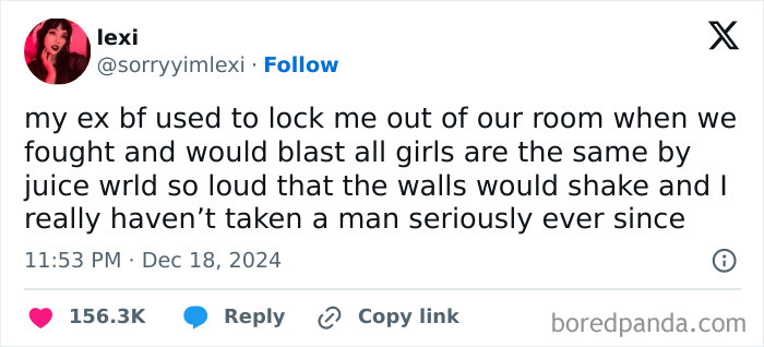 Screenshot of a funny tweet by a woman describing a past relationship incident involving loud music.