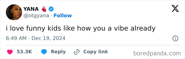 Tweet from a woman expressing humor about kids being a vibe, showcasing funny posts by women.